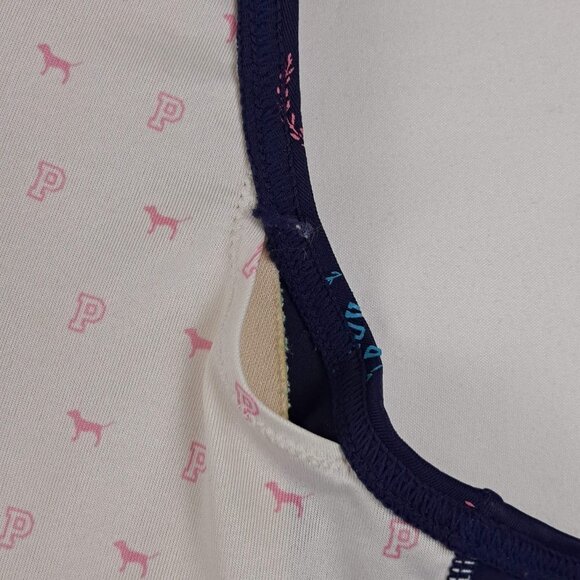 PINK Navy Blue Bikini Top Multi Color Logo Circle/Tie in Center Adj Neck Ties - Picture 11 of 12